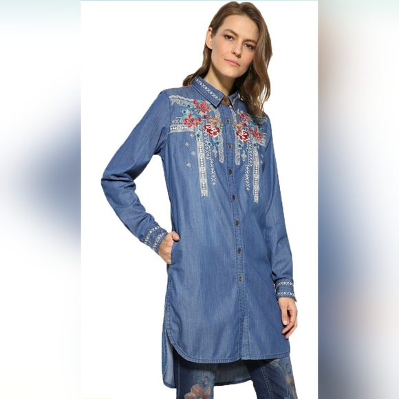 Desigual Dresses & Skirts - Desigual Lizzy Embroidered Faux Suede Chambray Denim Yoke Shirt Dress S Western